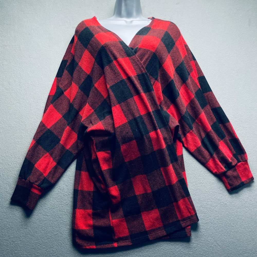 Buffalo Plaid Women Top Knit 2X Red Black‎ Check Cozy Oversized Dolman Winter